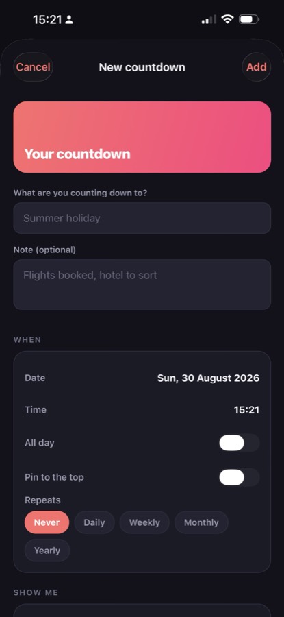 The new-countdown screen, with a title, a note, a date and time, and repeat options