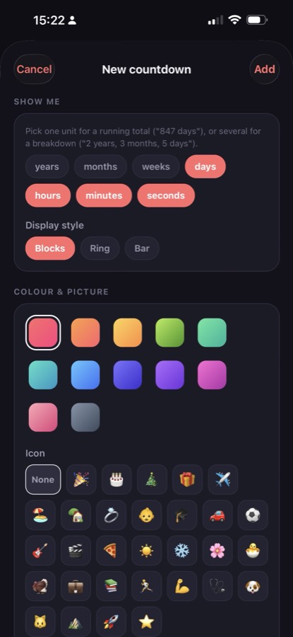 Choosing which units to show, a display style of blocks, ring or bar, and a colour and emoji icon